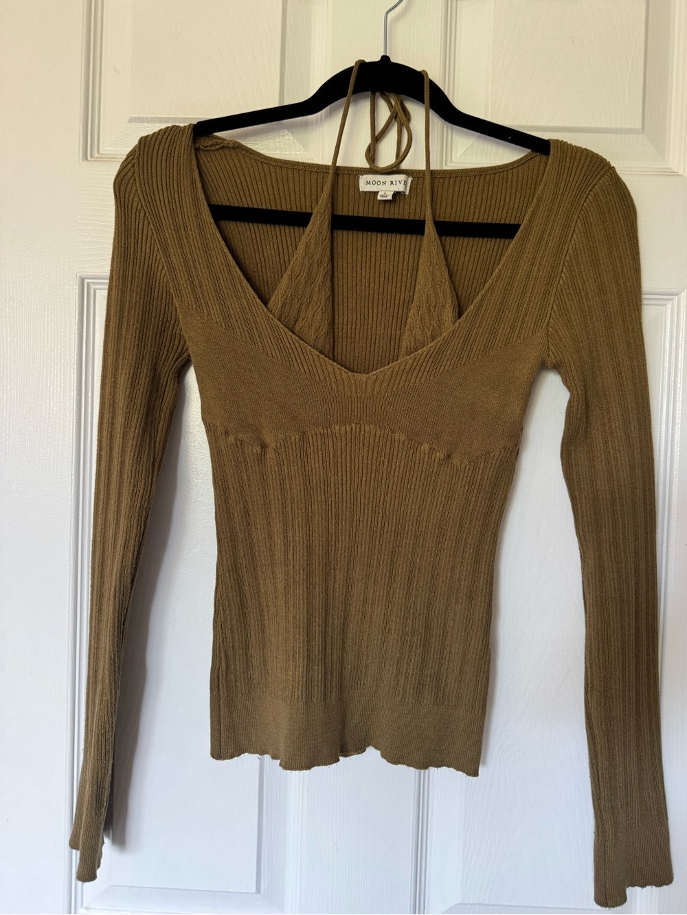 Moon River Olive Ribbed V-Neck Long Sleeve Top with Halter Tie